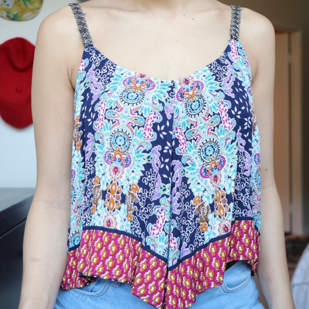 Boho Print Tank w/ Embellished Straps - New